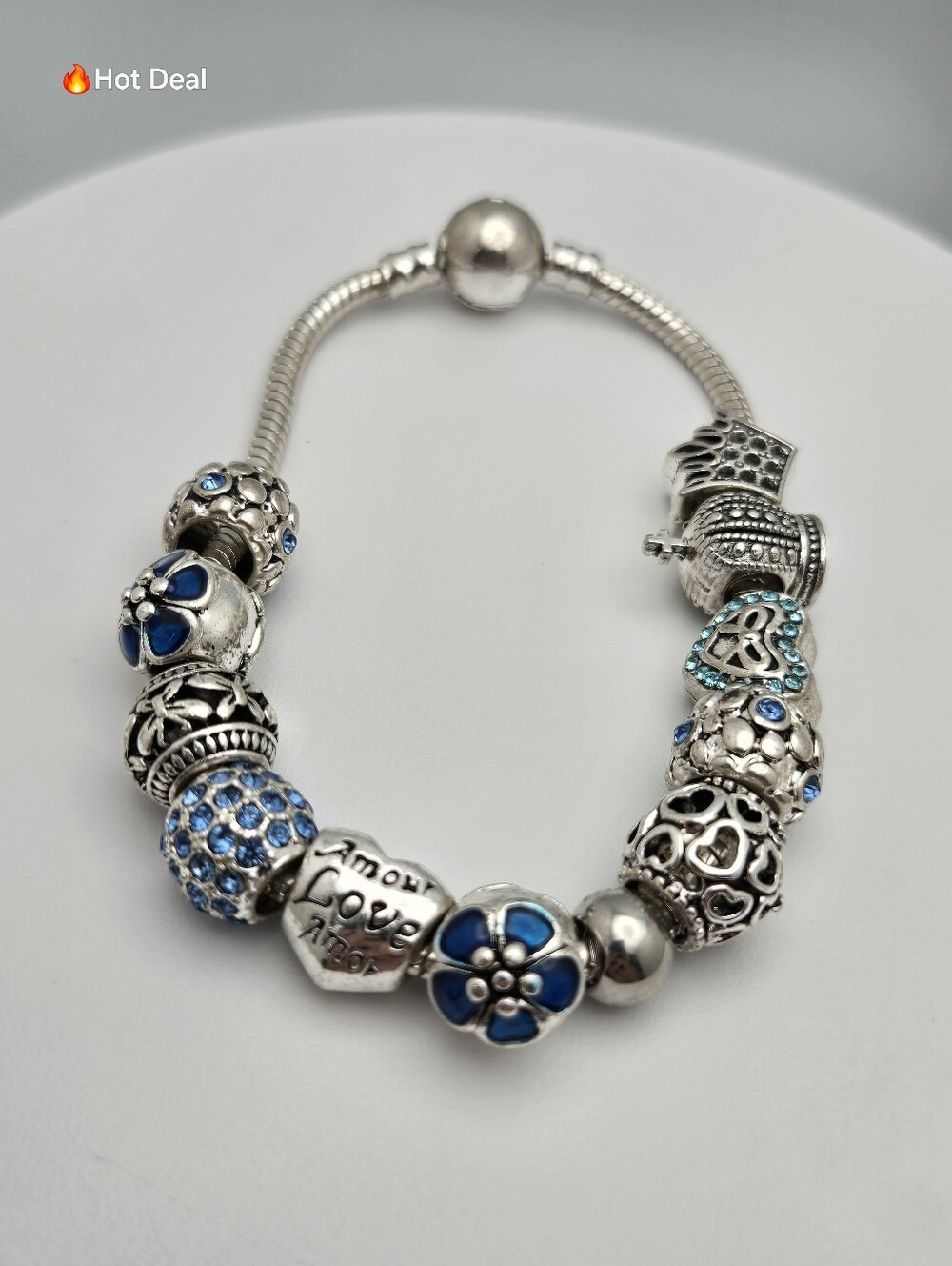Blue Charm Bracelet Silver Plated Crystal Glass Beads Floral 7.5" Pandora Style